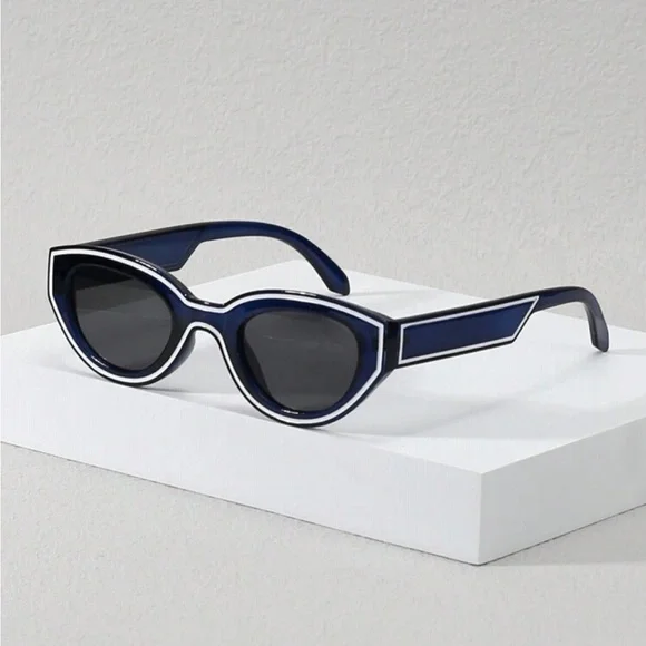 Funky Black & White Cat Eye Oval Shaped Sunglasses w Dark Grey Lens OS New - Picture 4 of 9